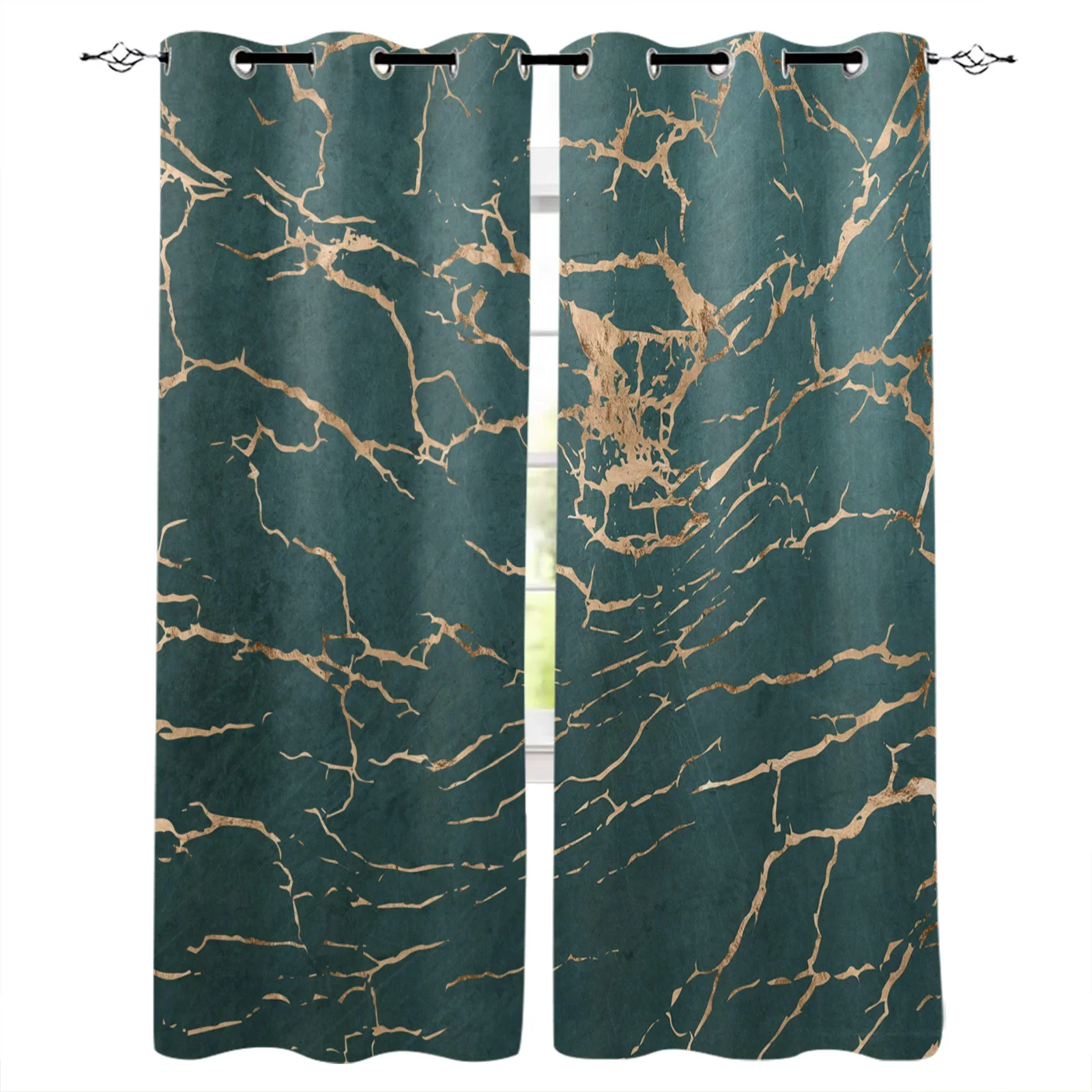 Green Marble Lines Golden Crack Texture Blackout Curtains Window Curtains for Bedroom Living Room Decor Window Treatments