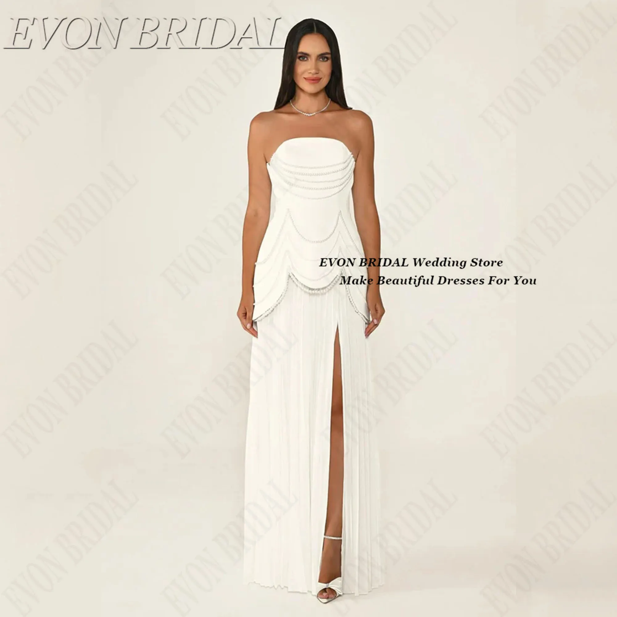 فستان سهرة أنيق رائع بدون حمالات مخصص بطيات على شكل حرف a طويل مطرز بالخرز فساتين حفلات رسمية EVON BRIDAL
