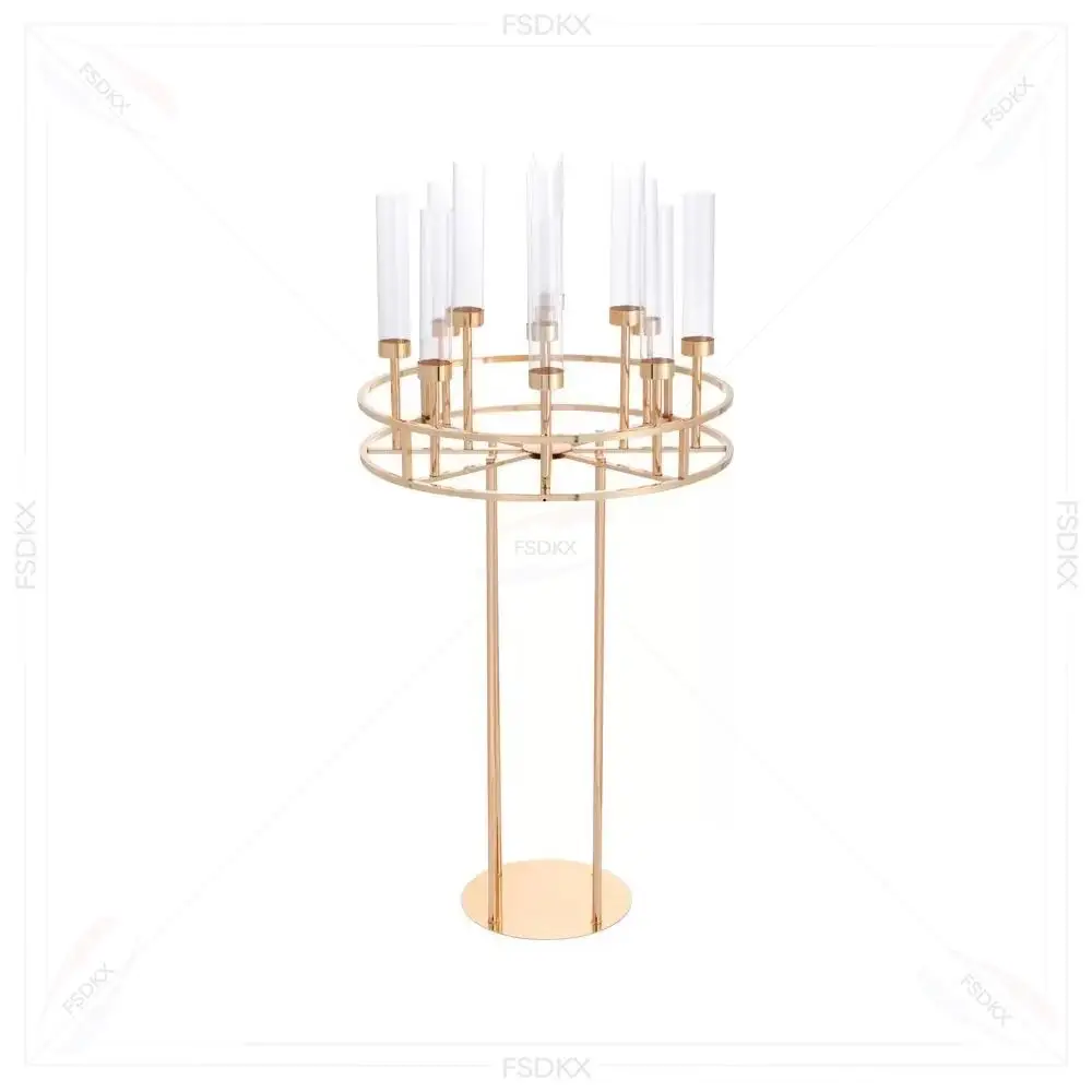 FSDKX Wholesale Candle Stand 8 Arms Acrylic Cup Antique Metal Gold Candelabra Wedding Centerpieces Gold Candle Stand