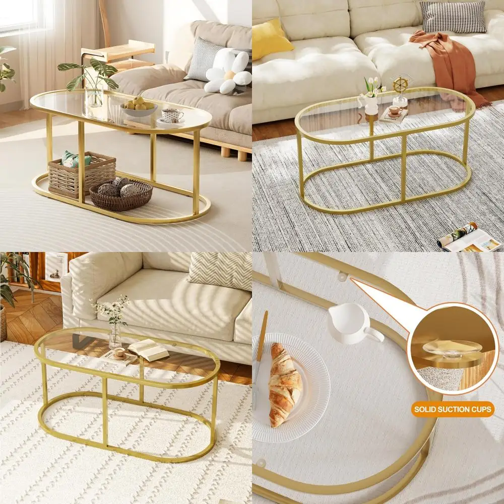 

Modern Oval Glass Coffee Table with Sturdy Metal Frame for Living Room, Tempered Glass Accent Center Table