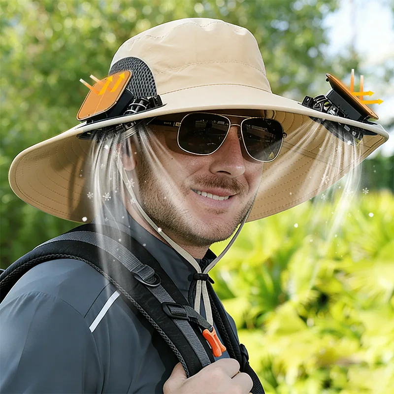 Rechargeable Solar Powered Fan Hat Wide Brim Sun Protection Fisherman Cap For Hiking Fishing