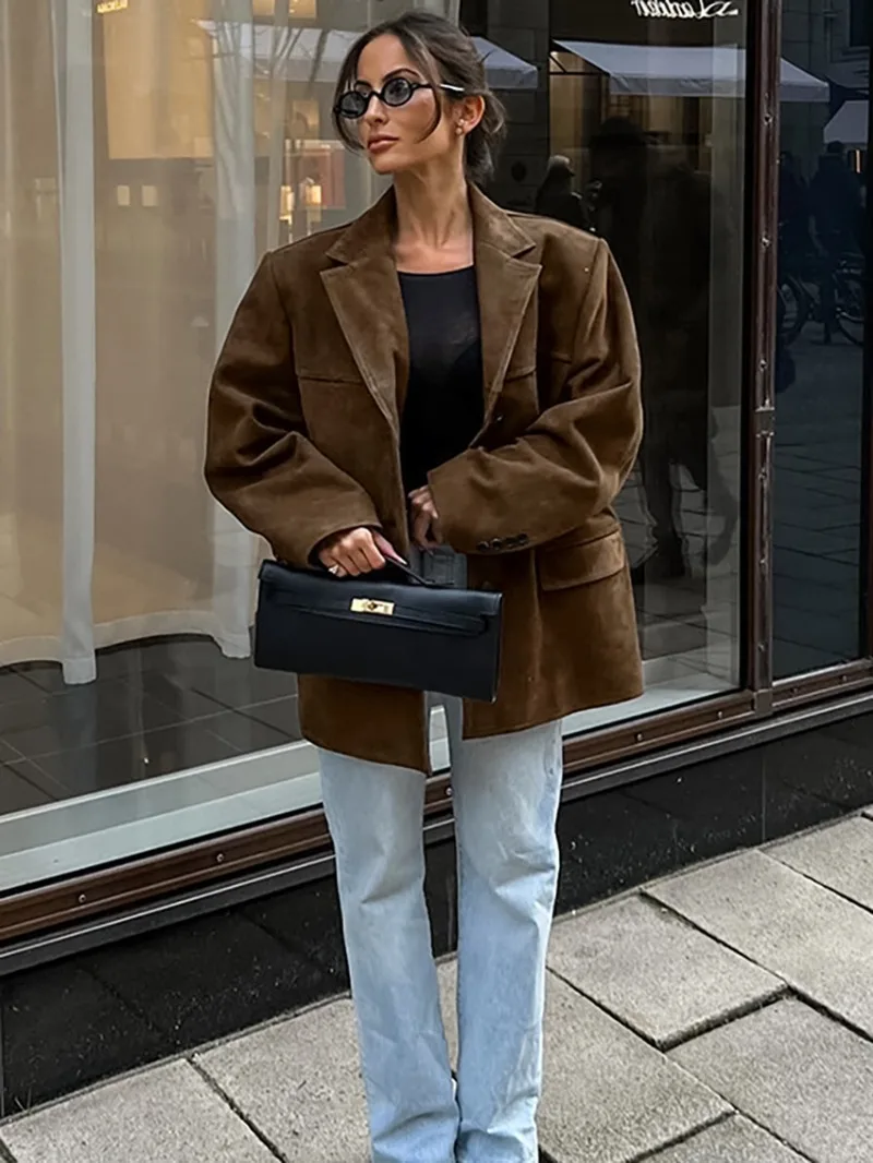 Women 2026 Autumn Winter New Hot Selling Vintage Suede Lapel Oversized Blazer Jacket Niche Fashion Trendy Chic Casual Outerwear