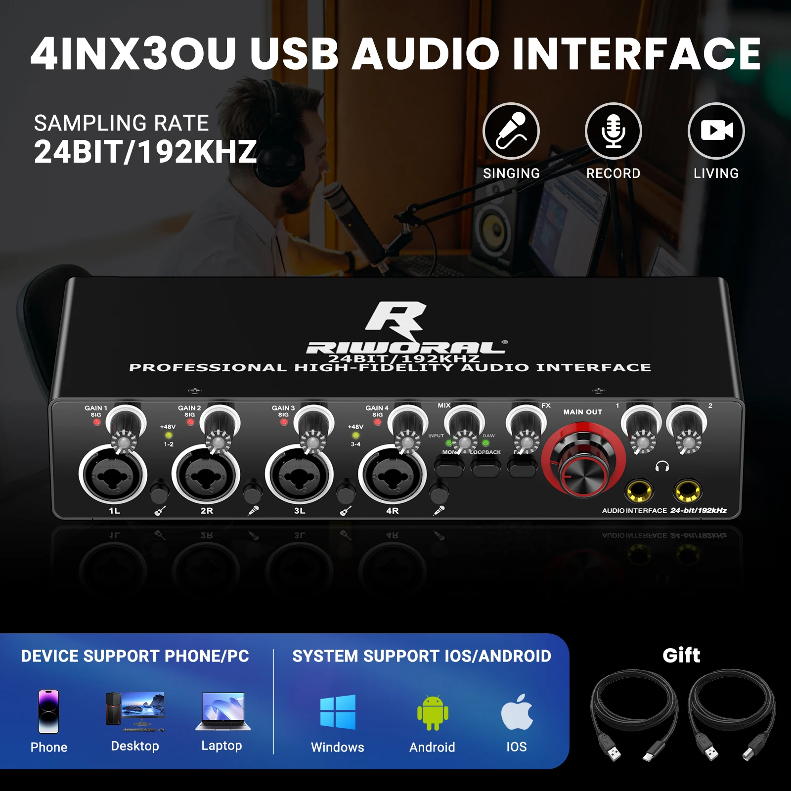 USB Audio Interface for PC, 2i2 Computer Audio Interface for Recording Music, Portable Interfaz de Audio Mixer for Studio Beginn
