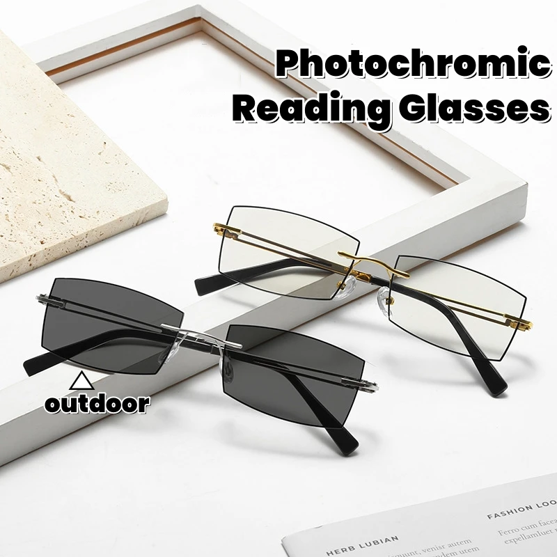 Elderly Business Photochromic Presbyopia Glasses Frameless Anti Blue Light Reading Glasses High-definition Square Glasses