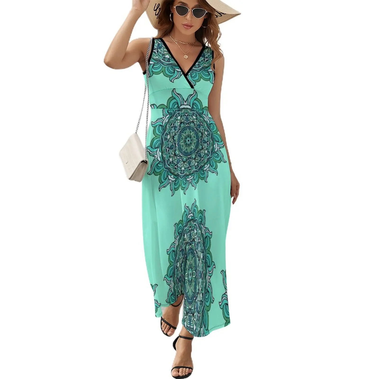 Blue mandala Sleeveless Dress Women long dress Clothing female