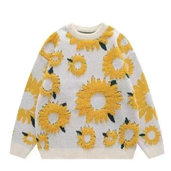 Autunno giapponese retrò girasole floccaggio pigro vento maglione uomini e donne hip-hop coppia maglione marea