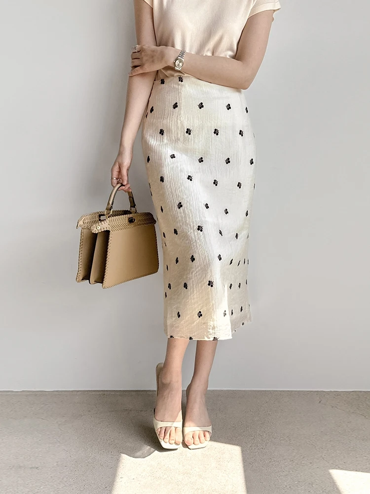

Ele High Waist A-Line Skirt with Embroidered Daisy Pattern for Women Mid-Length H-Skirt Korean Sle Summer New Arrival