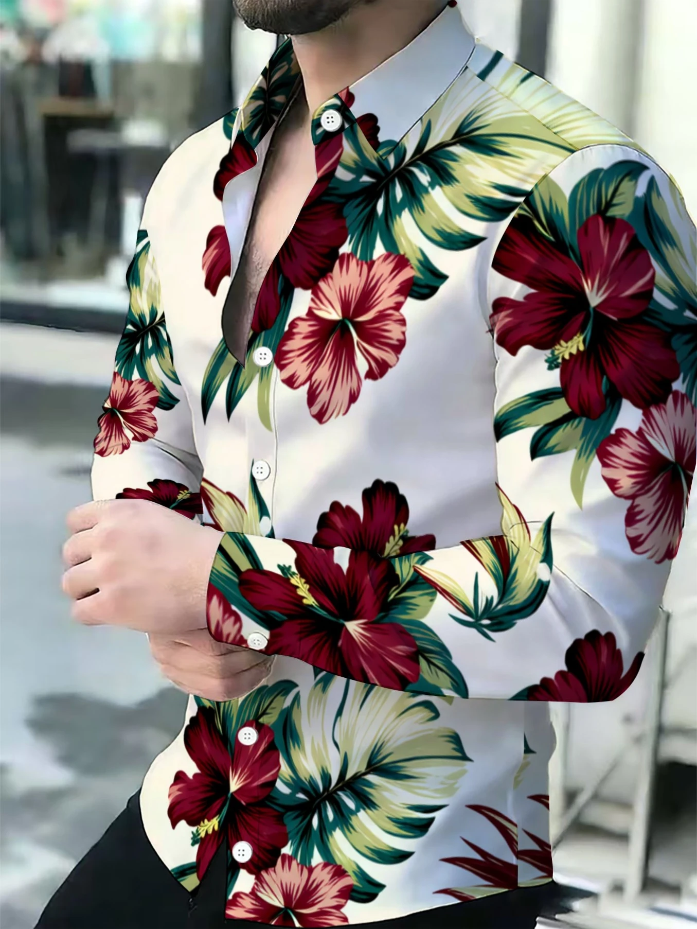 Men Hawaiian Tropical Hibiscus Leaf Print Long Sleeve Shirt Turn‑down Collar Button Up Beach Vacation Shirts