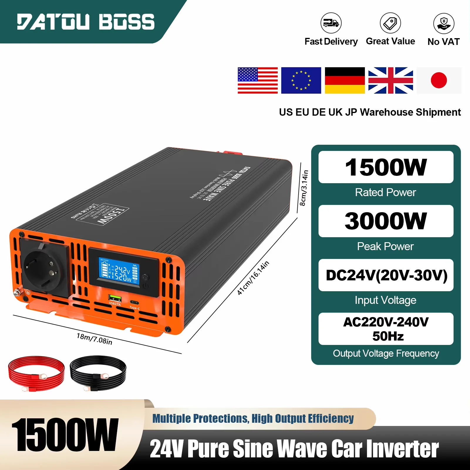 DAOTUBOSS 1500W HF Reiner Sinus-Wechselrichter 24V PSW Auto-Wechselrichter mit Hoher Umwandlungseffizienz über 90% Tragbar für EU-Lieferung