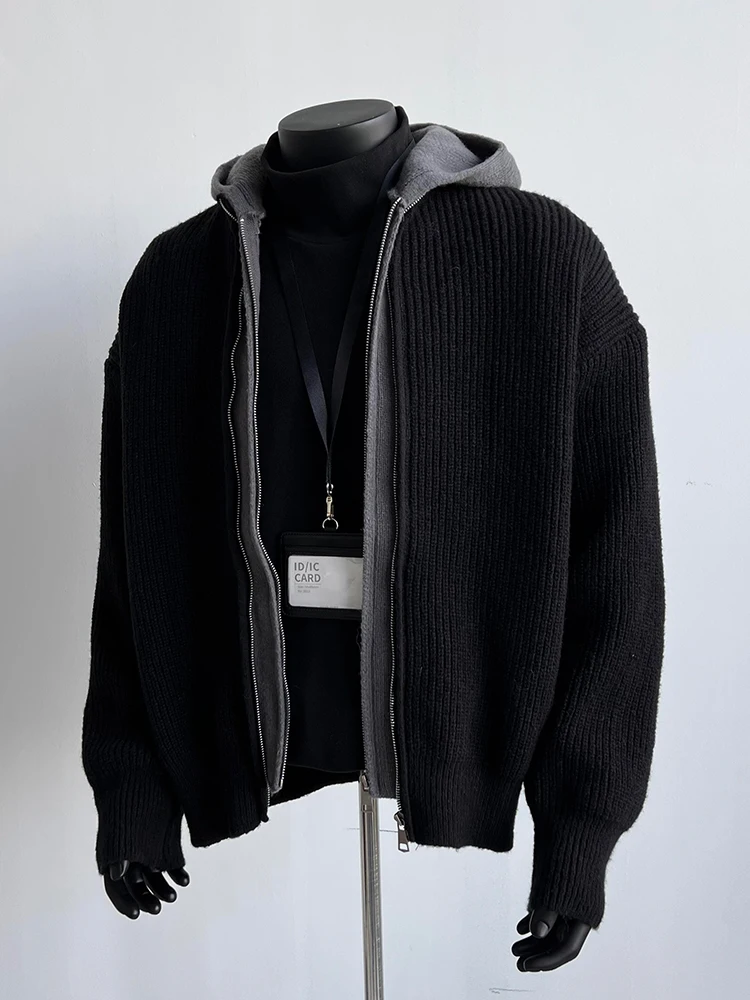 

Мужской вязаный кардиган American Sle Spliced Hat Sweatirt Bla с молнией, зимний, в стиле кэжуал, премиум-класса, с длинными рукавами