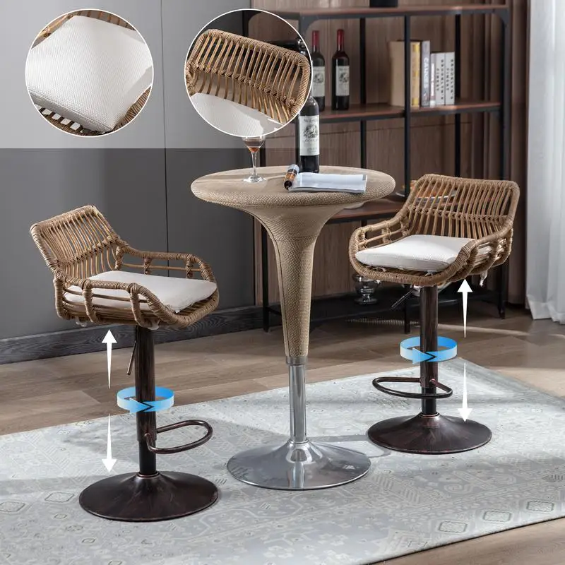 Set of 2 Modern Adjustable Swivel Bar Stools for Kitchen or Dining Room with Footrest in Beige