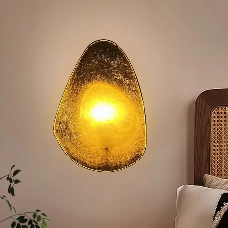 

Engraved and forged gold foil wall lamp engineering hotel marble shell shaped lamp bedside living room wall lamp