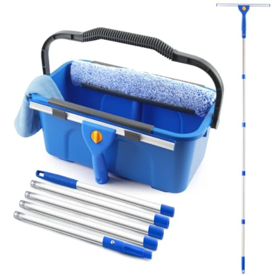 

Professional Window Cleaning Kit with Bucket 3 Gallon 76" Long Handle Window Squeegee and Microfiber Scrubber High Windows Wash