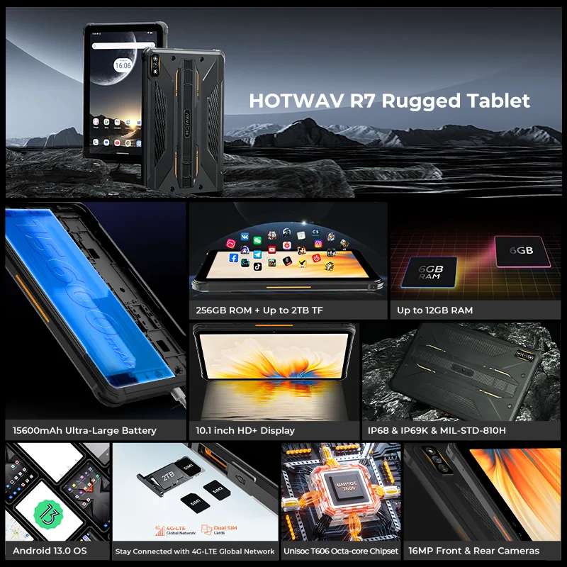 HOTWAV R7 drsný tablet 10.1'' HD+ displej Android 13 15600mah baterie blok 12GB 256GB 16MP kamera rukavice způsob tablet PC