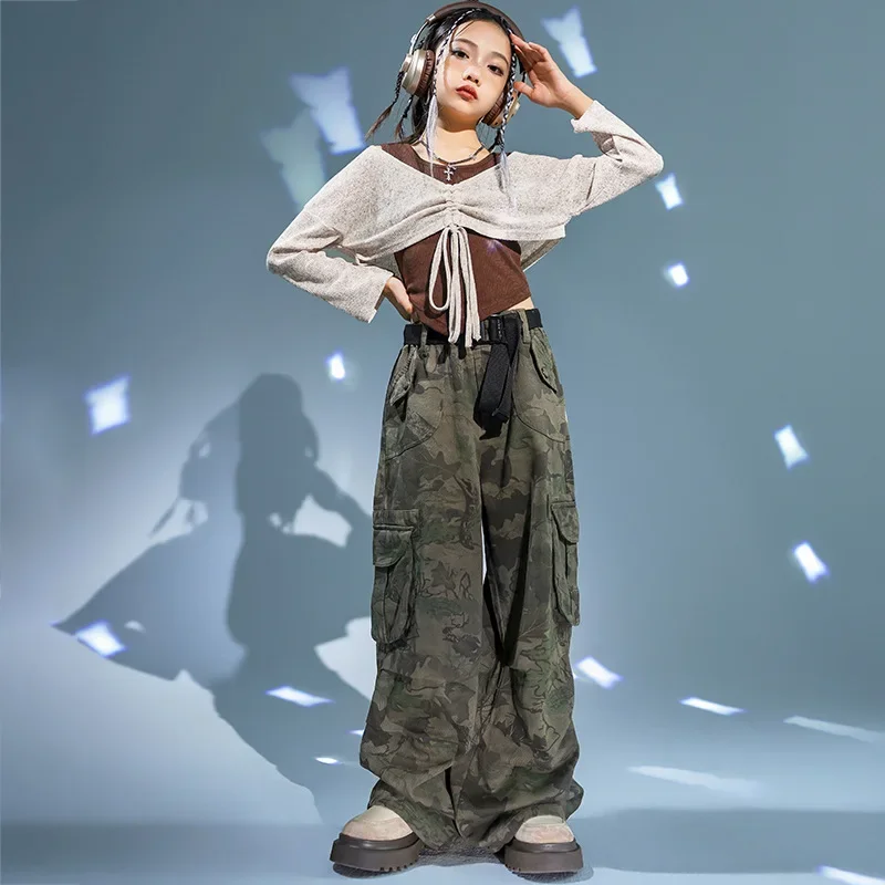 Kids Modern Dance Clothes for Girls Jazz Dance Crop Tops Cargo Pants Teen Hip Hop Street Dance Performance Costume Rave Clothes