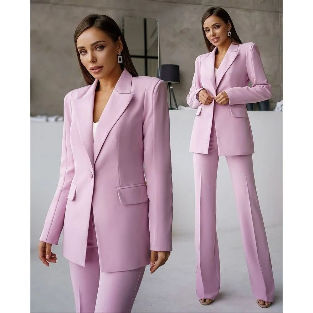 Elegant Pink Women Pants Sets Two Piece (Jacket+Pants) Fashion Peak Lapel One Button Solid Tuxedo Formal Chic Basic Female Suit