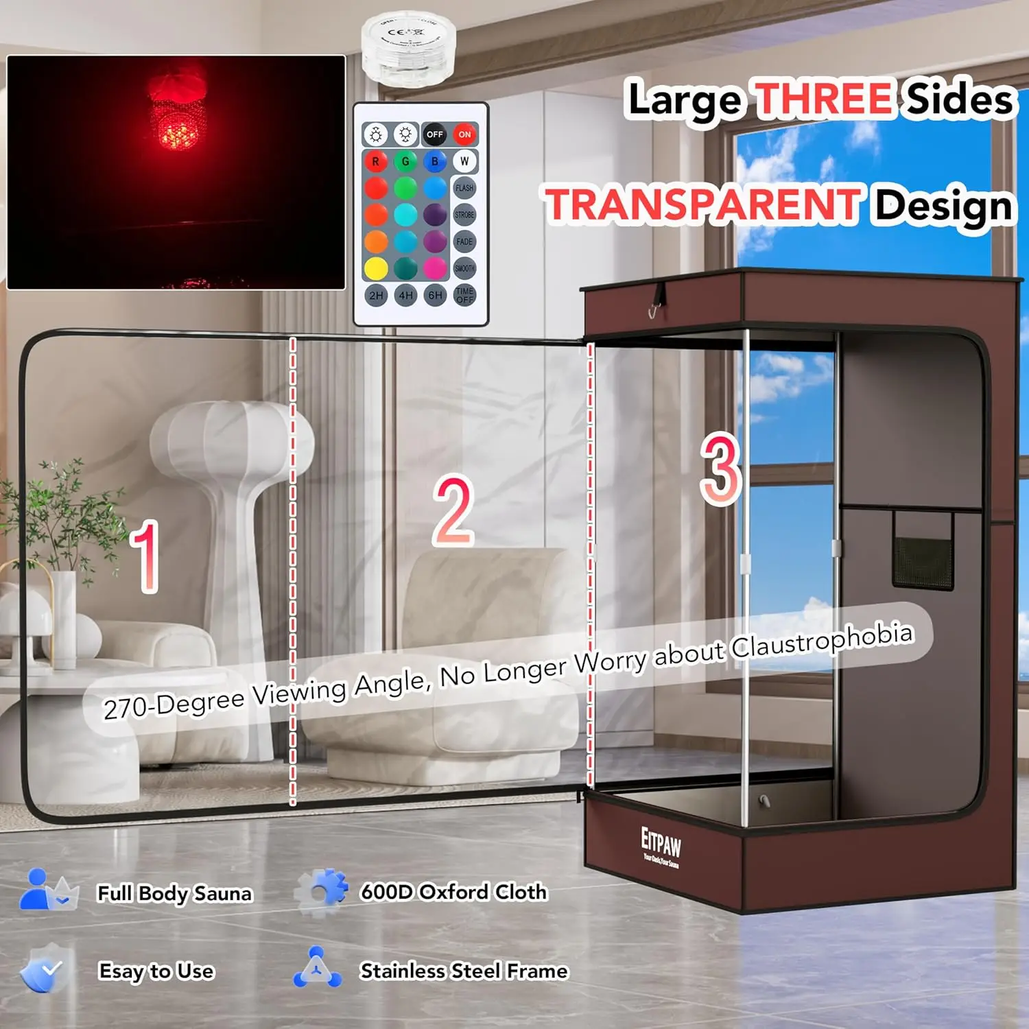 Sauna Box, Transparent Steam Sauna for Home Personal Use, RGB LED Light, 2.6L & 1000W Steamer, Widen Foldable Chair,