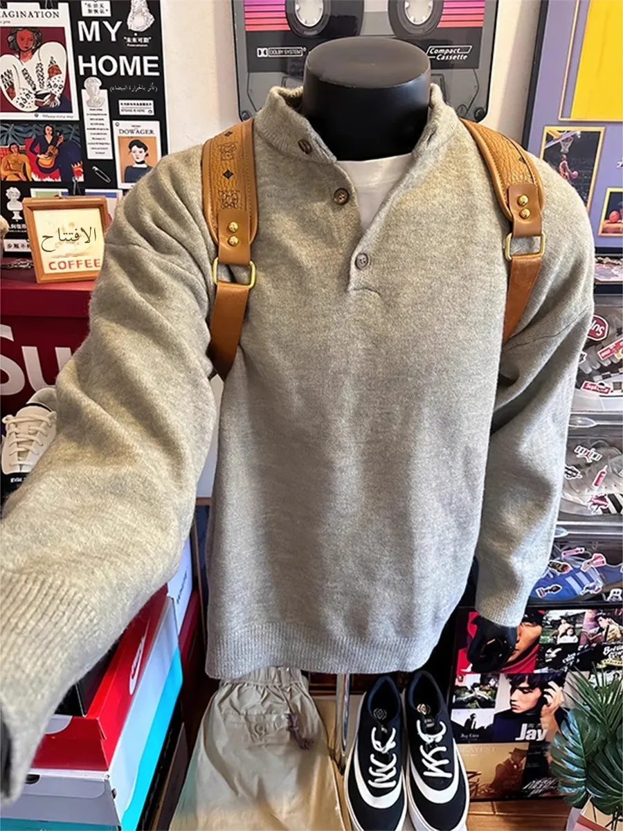 

American Sle ey Henry Collar Men's Knitwear Long Sve Autumn Winter Faion Lazy Sle Inner Wear Vintage Base Layer Sw...