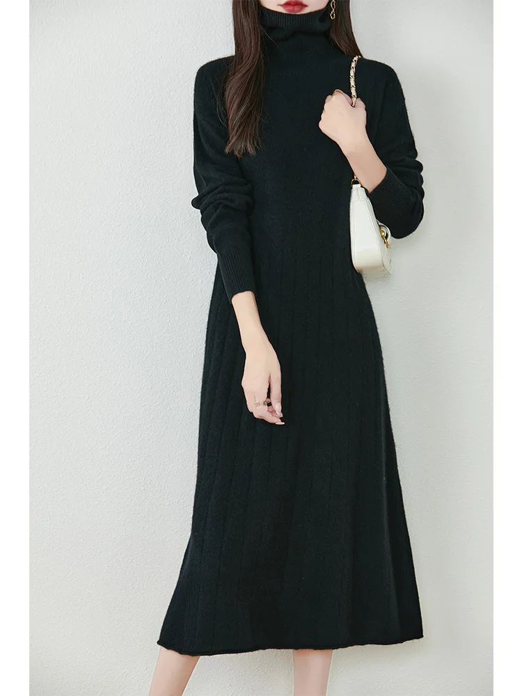 Women\'s Pure Wool Knitted Long Dress, High Collar, Bat Sleeves, Slim, Elegant, Casual, Fashionable, 2024 Autumn/Winter