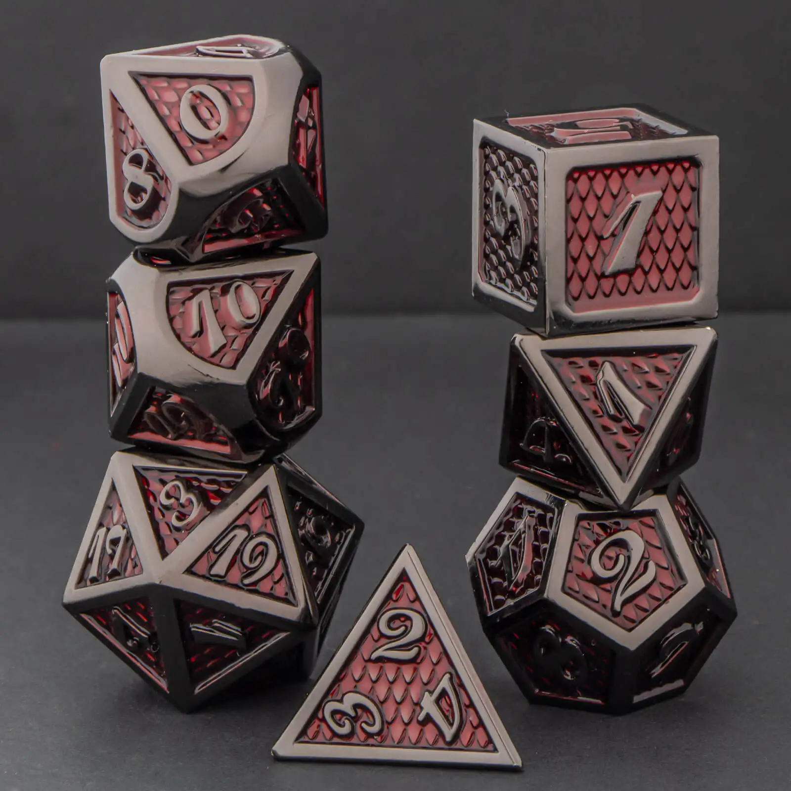 DND Metal Dice Set Black Red Dungeon and Dragon scale Dice D&D Polyhedral Dice RPG D and D Role Playing Games Dice