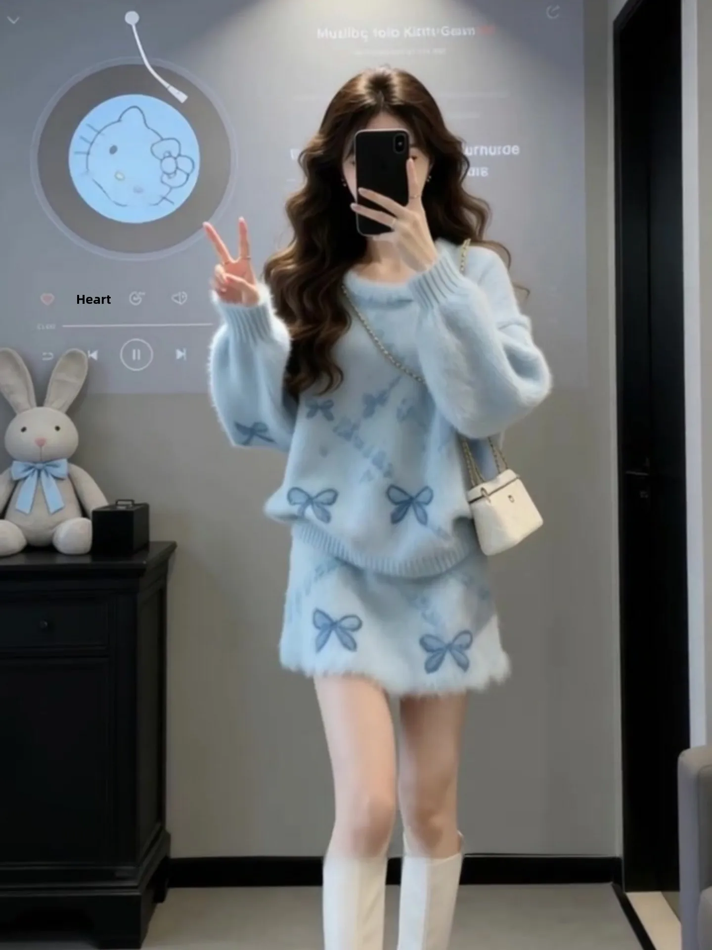 

Blue Knitted Sweater And Skirt Set for Women Long Sve High End Autumn Winter Faion Ensemble Sweet Sle Casual Wear