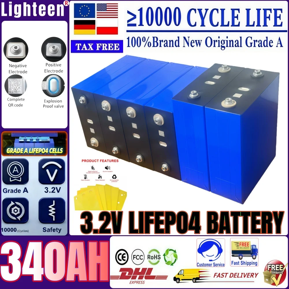 

Grade A 3.2V 340AH 320Ah Lifepo4 Battery 10000 Cycles DIY 12V 24V 48V RV EV Boat Golf solar energy camping duty-free