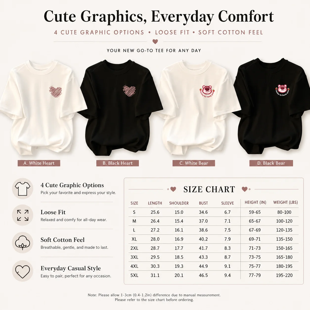 EOENKKY Women Cotton T Shirt Minimal Heart Bear Graphic Print Short Sleeve Crew Neck Loose Casual Summer Tee S-3XL