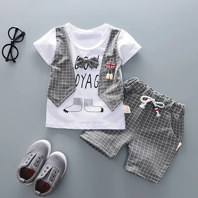 2022 Summer Baby Boys Clothing Sets Cartoon lattice Tie T-shirt + Shorts 2 pieces set Boy Clothes