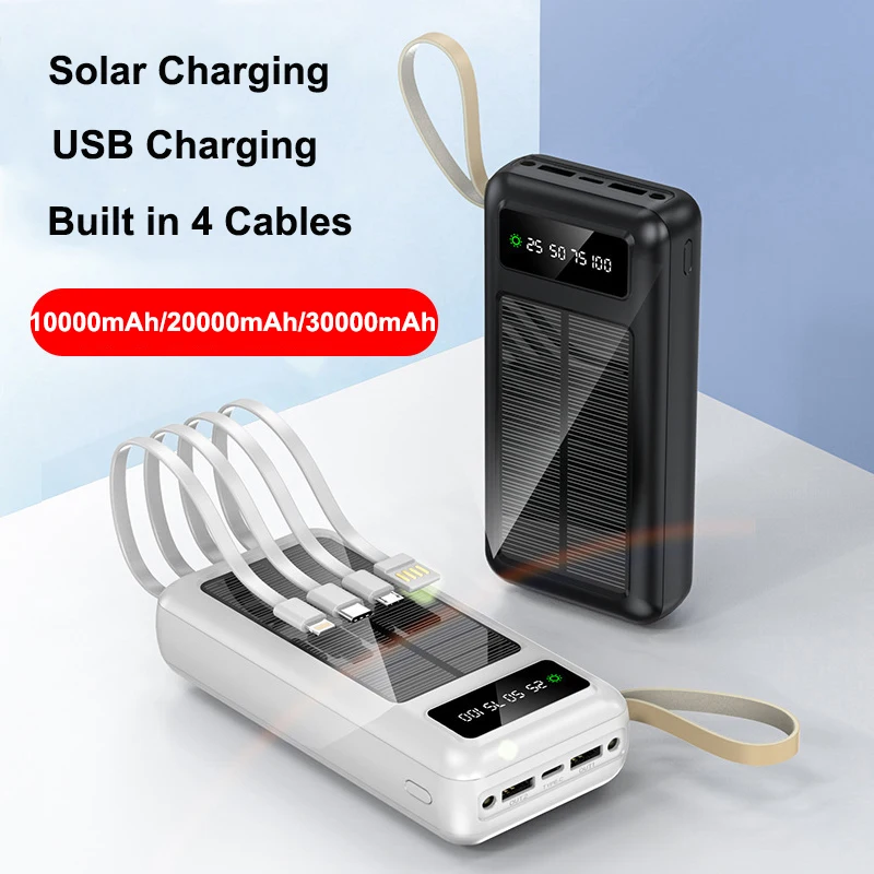 

Solar Power Bank 30000mAh Built in Cable 2 USB Fast Portable Charger Powerbank for iPhone Samsung Huawei Xiaomi External Battery