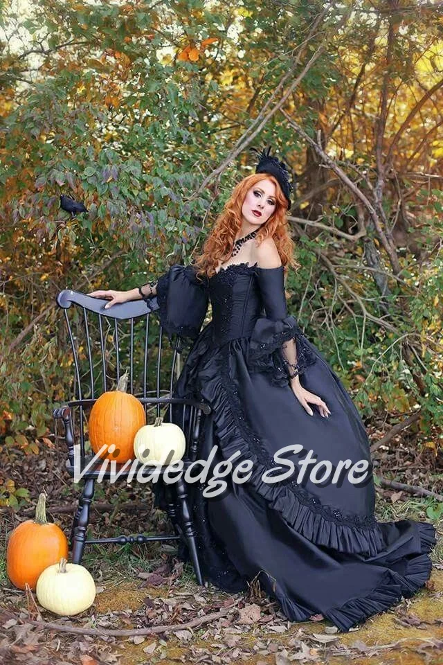 

Black bespoke Victorian Ball Gown Medieval Snap Shoulder Bell Sleeves Beaded Lace Trim A-Line Elegant Floor-Length Evening Dress