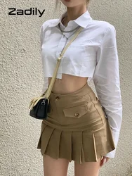 Zadily 2022 Summer Y2K Asymmetrical Long Sleeve White Shirt Women Sexy Button Slim Crop Tops Blouse Streetwear Female Clothing