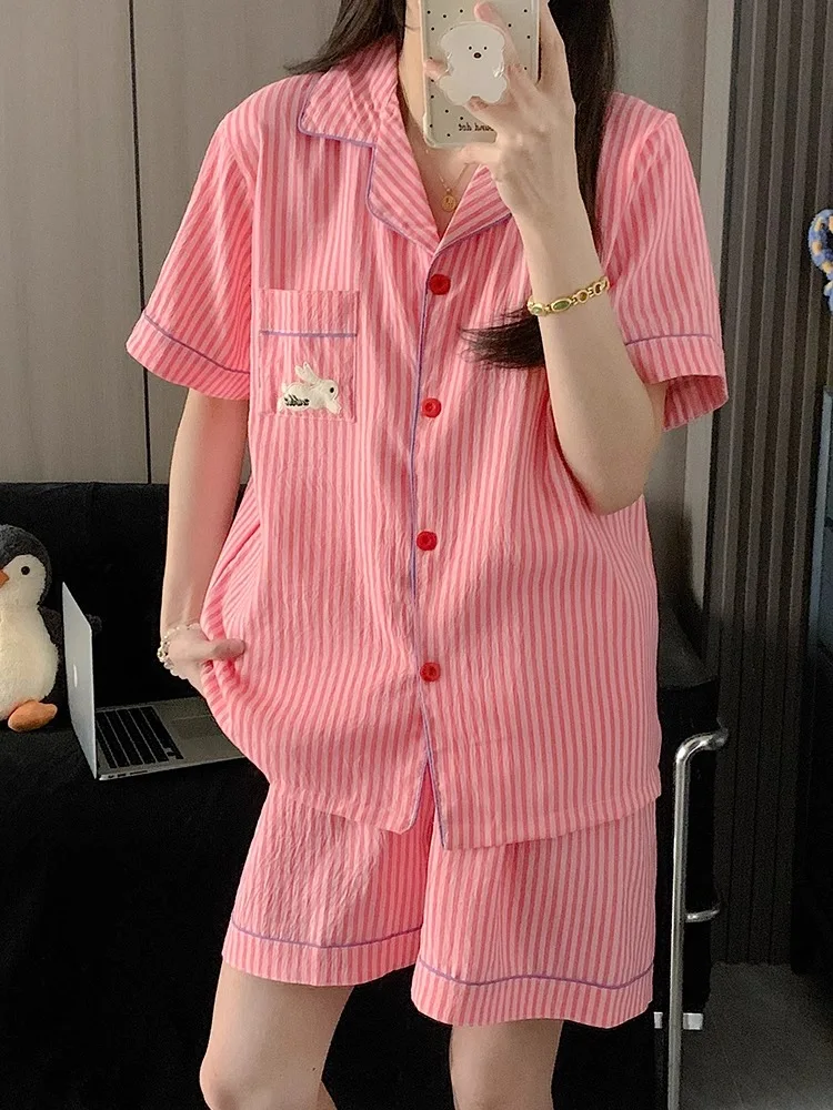 

Cute Cartoon Rabbit Spwear ort Sve Casual Thin Home Clothes Summer Set for Women Youth Cotton Fabric Printed Pants