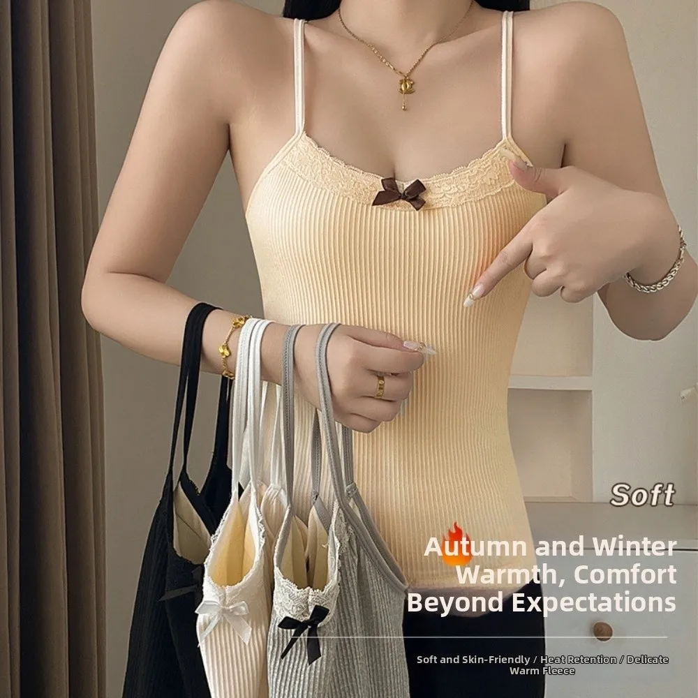 Милый женский теплый кружевной топ на флисовой подкладке с бантом, утепленные топы без рукавов, удобный сексуальный жилет, осень-зима