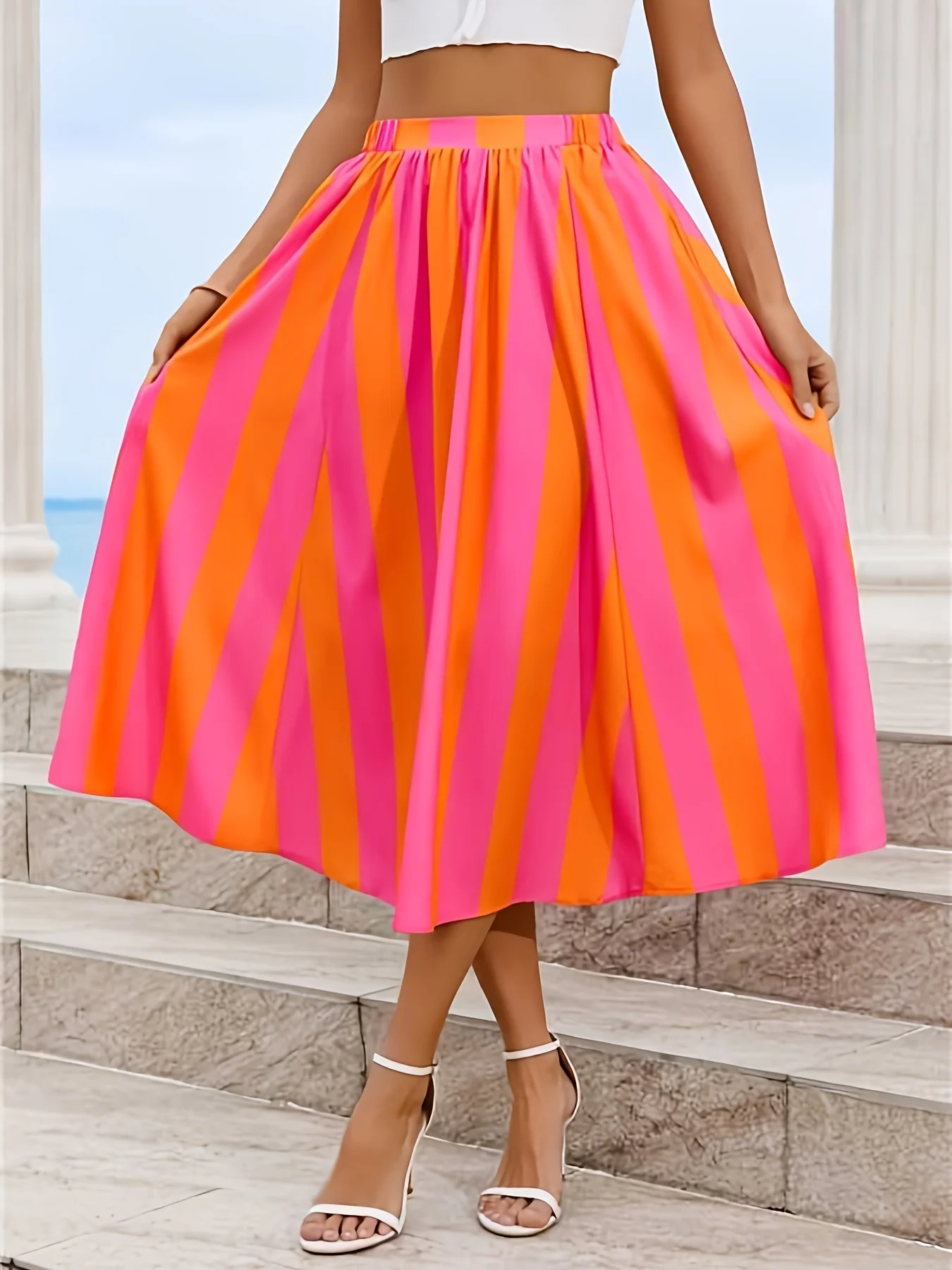 Women Striped Midi Skirt Elastic High Waist A‑Line Flowy Skirt Loose Casual Vacation Beach Swing Skirts For Summer