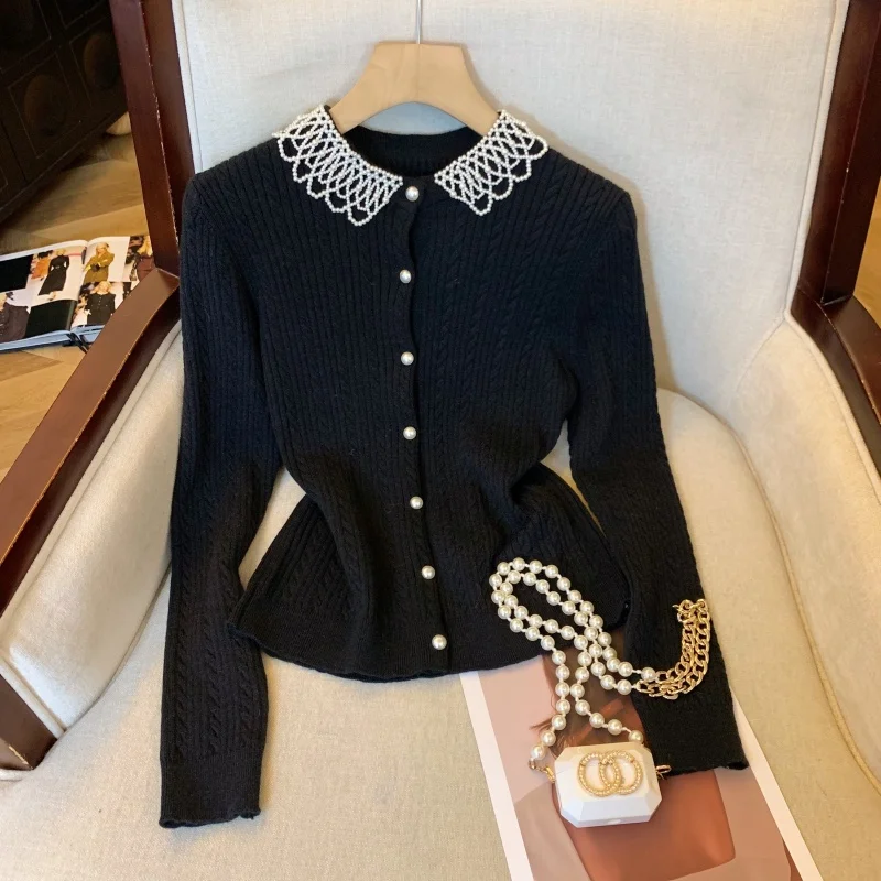 

Женский витой вязаный кардиган, облегающий однобортный трикотажный свитер с воротником Питера Пэна и бисером, новинка 2025 года, F365