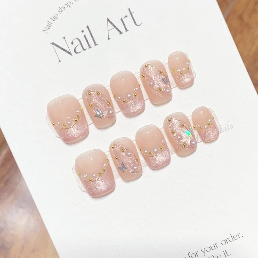 Handmade Press on Nails Nude Pink Cat Eye Design Reusable False Nails Korean Romantic Nail Tips Manicure Desired Life Store