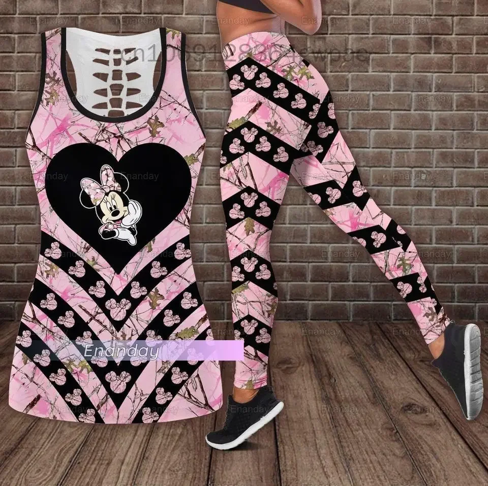 Disney Minnie Mickey Women's Hollow Out Tank Top+Women's Leggings Yoga Set Fitness Leggings Sports Set Tank Top Leggings Set