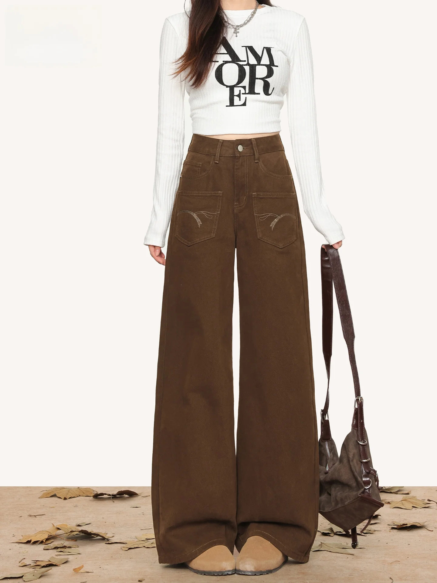 

Женские джинсы с высокой талией, широкими штанинами и прямым кроем, коричневые, из денима, для работы, весна-лето, повседневные, из смесового хлопка, не мнущиеся