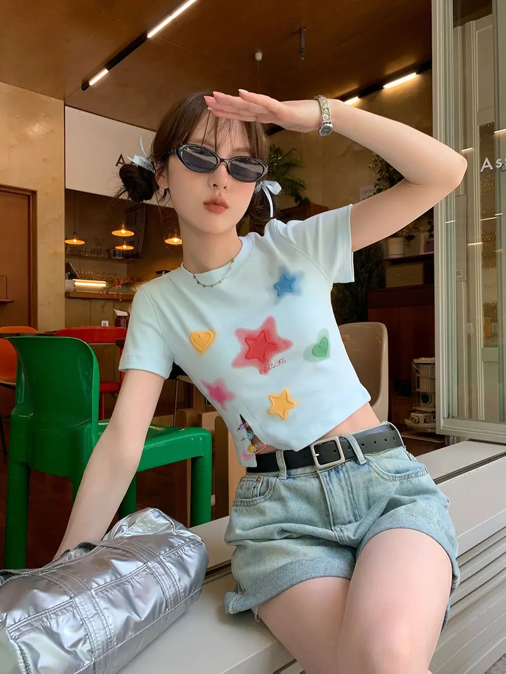 Korean Cute Star Print Graphic T Shirts Mini Crop Tops Women Girls Kawaii Grunge Clothes Hip Hop Streetwear Students Slim Summer