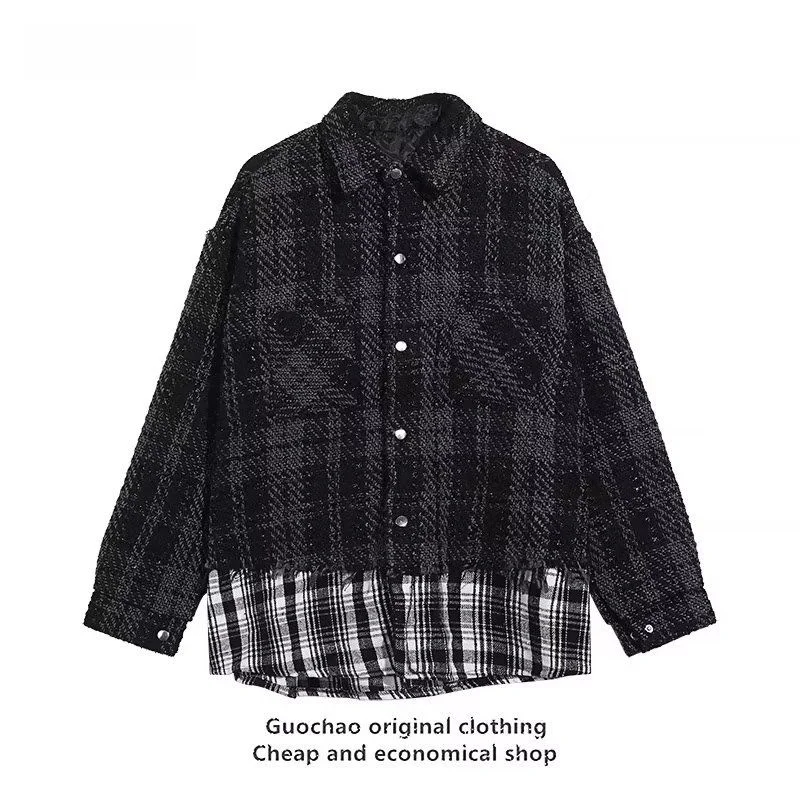 ルーズメンズチェック柄ジャケット Mr. Fu De スモールフレグランススタイル織り接ぎデザイントレンディコットンアウターウェア半袖シングルボタン