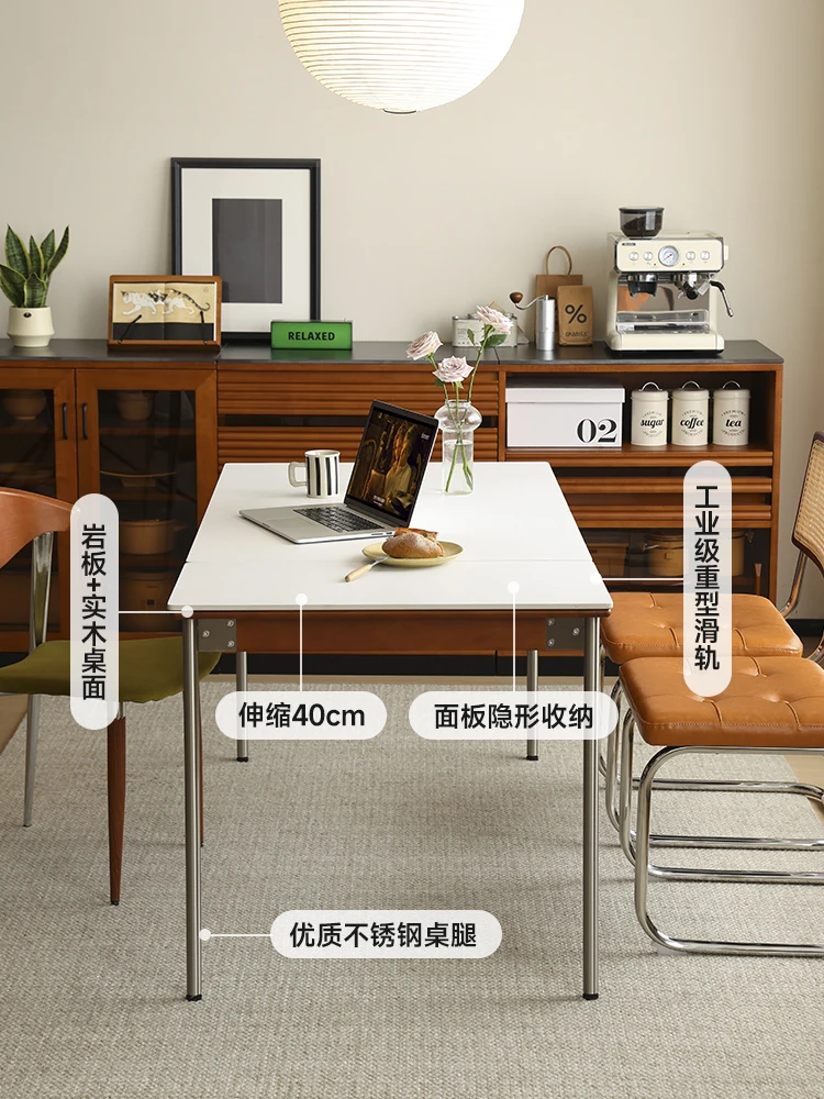 Retractable rock slab dining table solid wood foldable small apartment