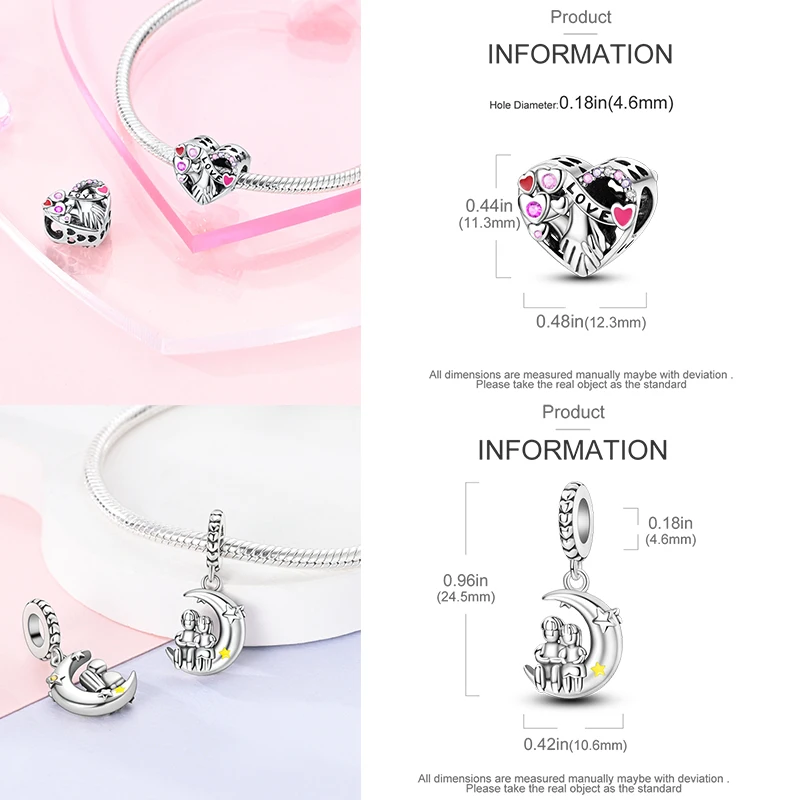 925 Sterling Silber Liebesherz Paar Familie Rose Motorrad Charm-Perlen DIY Armband Halskette Jubiläumsgeschenk für Frauen – Detail 10