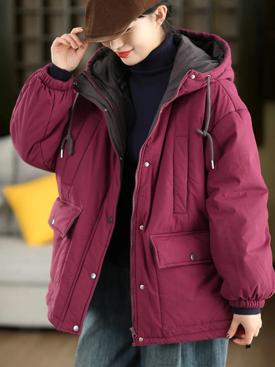 

Thiened 00% Cotton Hooded Jaet Women's Winter Coat with Large kets Warm Cotton Padded Coat Long Sve Zipper Closure