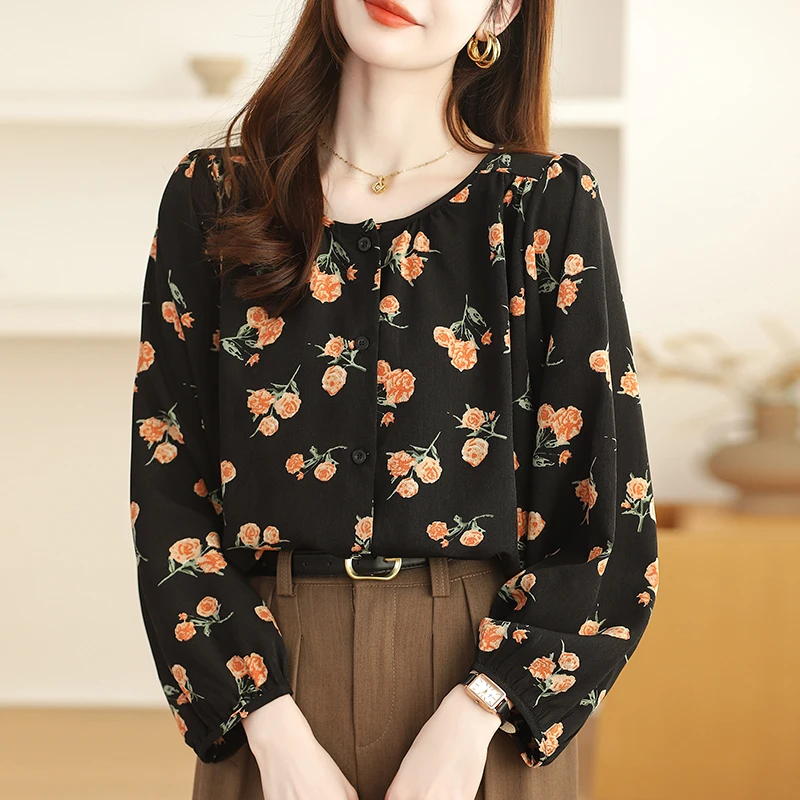 Women Summer Korean Chiffon Office Lady Printing O-neck Long Sleeve Shirts Women Clothes Casual All-match Simplicity Trend Tops