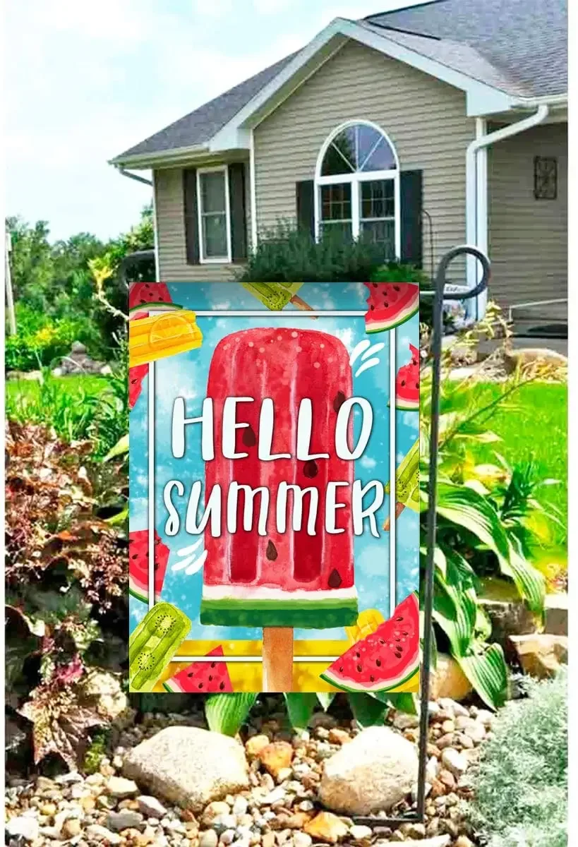 Hello Summer Popsicles and Ice Cream Double Sided Watermelon Pineapple Kiwi Fruit Garden Flag Banner for Outside House Yard Home