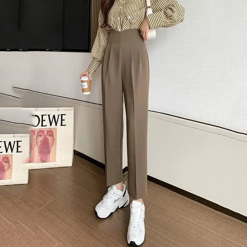 Spring Autumn Women\'s Clothing Solid Color High Waisted Pockets Casual Straight Pencil Trousers Korean Fashion All-match Pants