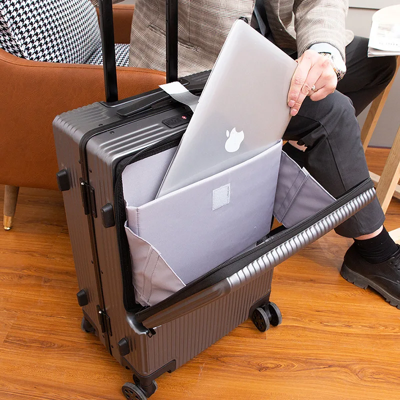 Trolley-Gepäck mit Aluminiumrahmen, Geschäftsreisekoffer auf Rollen, Koffer mit Laptoptasche, Rollgepäck, mit Micro-USB