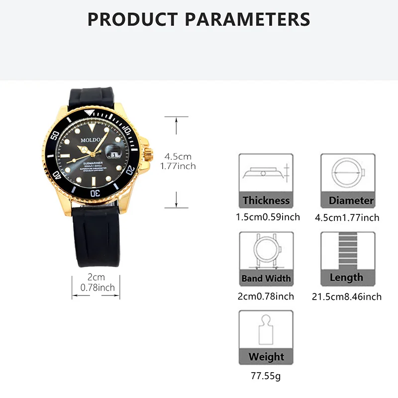 A men's business-casual quartz wristwatch with a black rubber strap, scale markings and calendar function