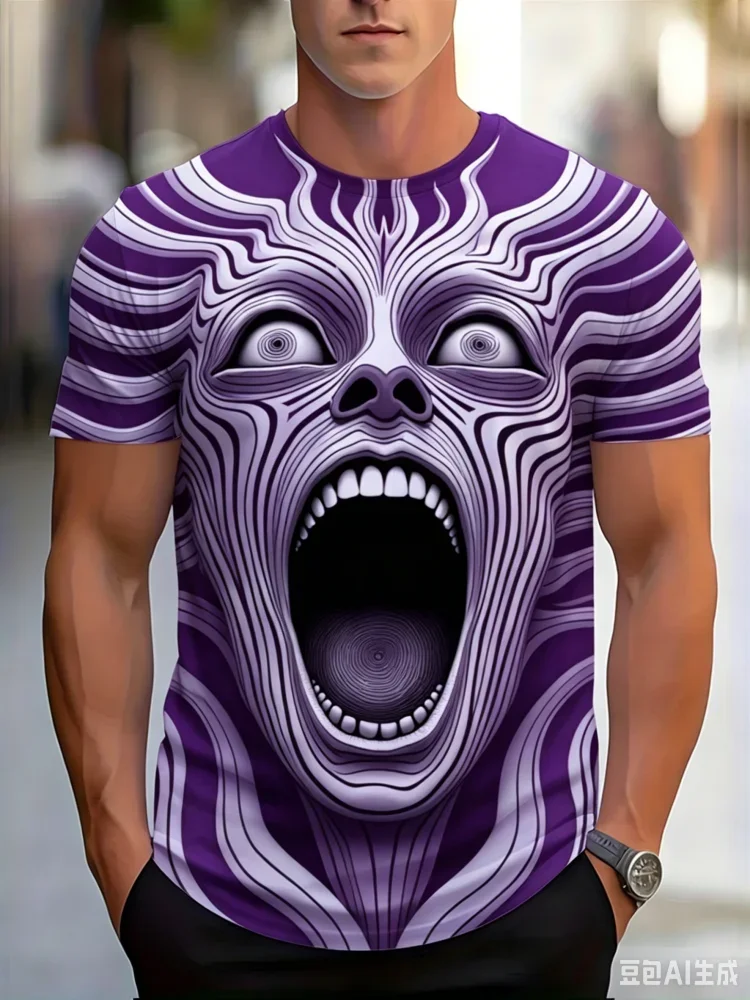 T-shirt Homme Élégant 2026 Imprimé 3D – Motif Spirale Étrange, Visage Criant, Rayures Abstraites – Col Rond – Style Hip Hop Streetwear
