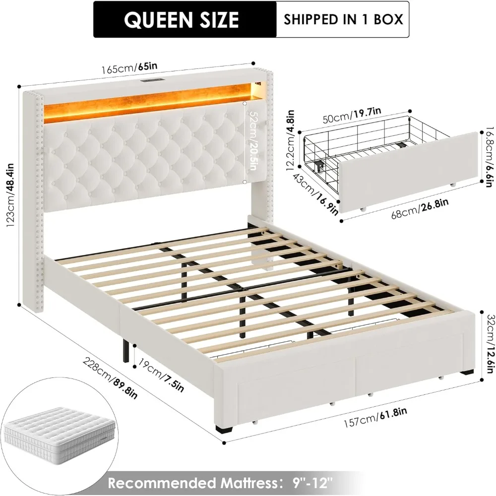 Queen Bed Frame with Storage Headboard and Built-in Charging Station, with 2 Drawers, Velvet Upholstered Platform Bed Frame